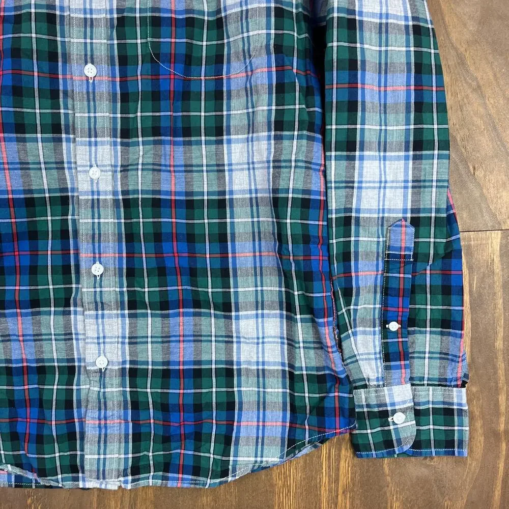 J Crew Mens Shirt Blue Green Gray Red Plaid Slim Fit Collared Button Down Medium